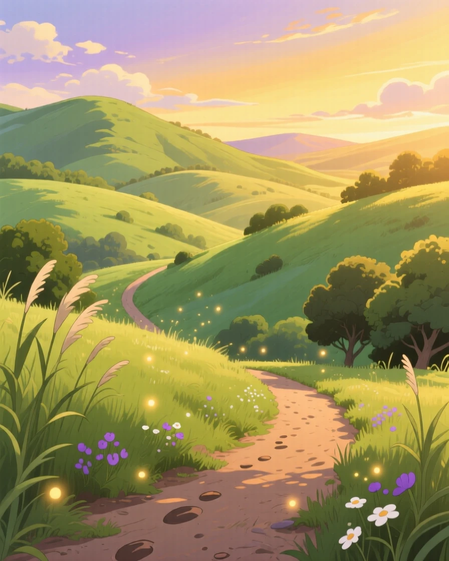 A breathtaking view of a chain of rolling green hills, with a single winding dirt path leading into the distance, at golden hour, captured from a low angle looking up.