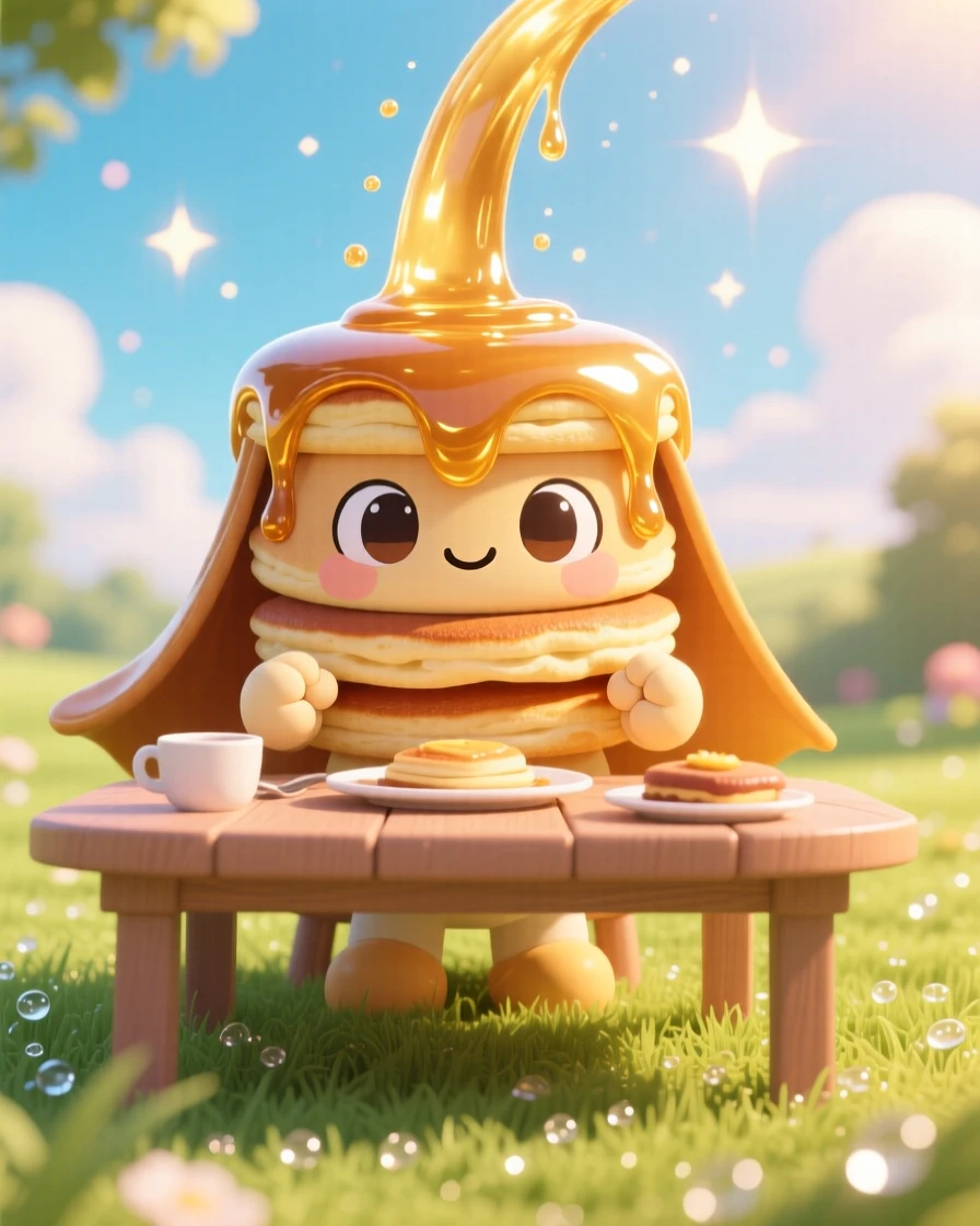 In a sunny breakfast table, a fluffy pancake stack character is wearing a syrup waterfall like a cape as morning dew glistens on the grass, bathed in sparkling starlight, expression full of proud determination. Shot as a symmetrical front-on view.