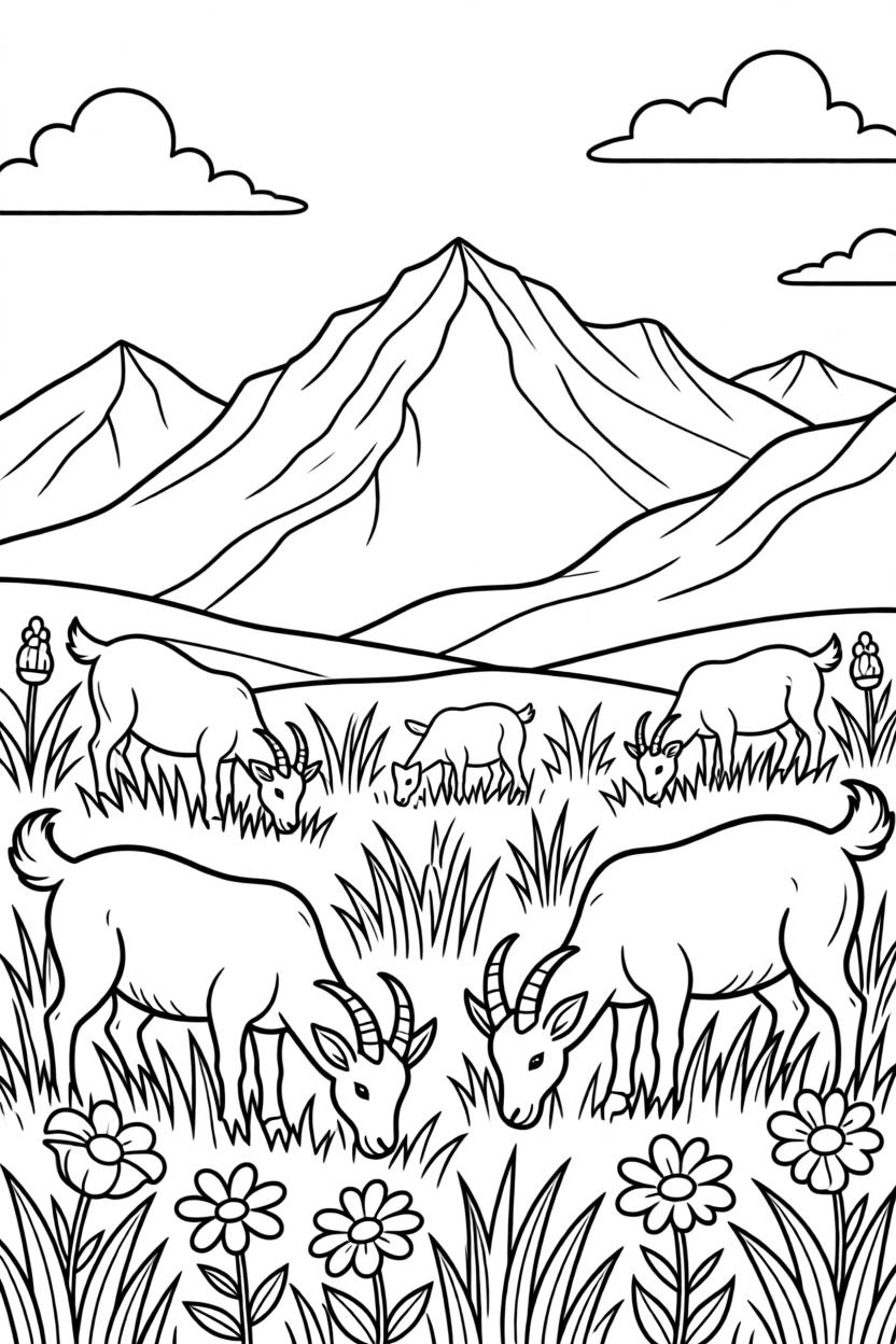 A mountain meadow dotted with grazing mountain goats