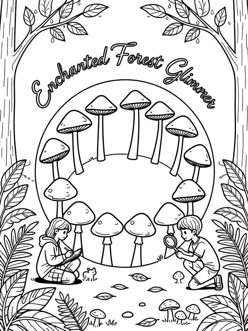 A mushroom circle glowing faintly in a forest clearing, with tiny water droplets clinging to every leaf.