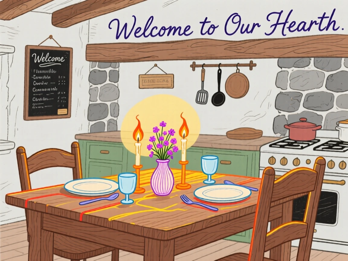 A candlelit dinner table set for two in a rustic kitchen.