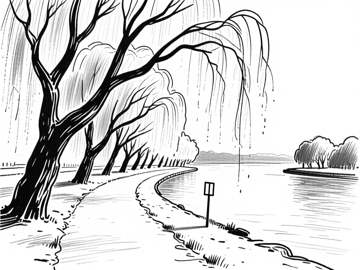 A quiet riverside path lined with weeping willow trees.