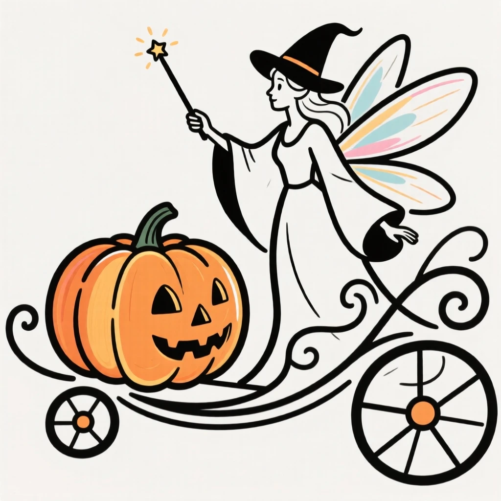 A fairy godmother waving a wand over a pumpkin carriage.