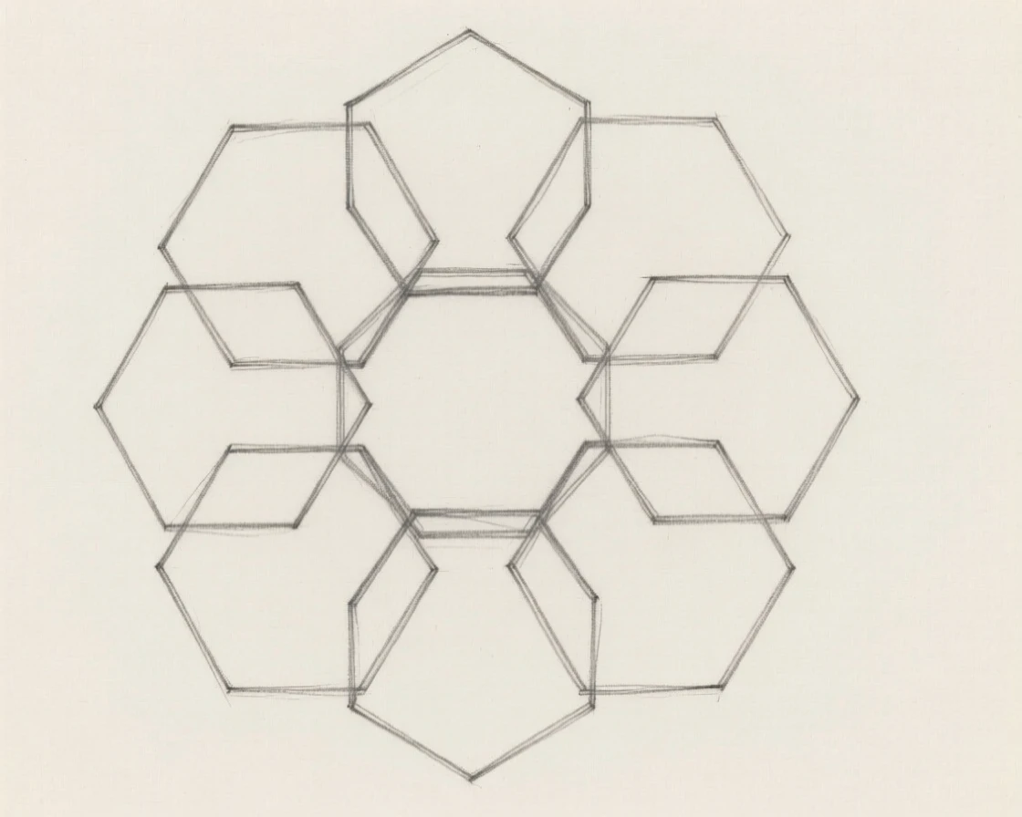 A symmetrical cluster of overlapping hexagons