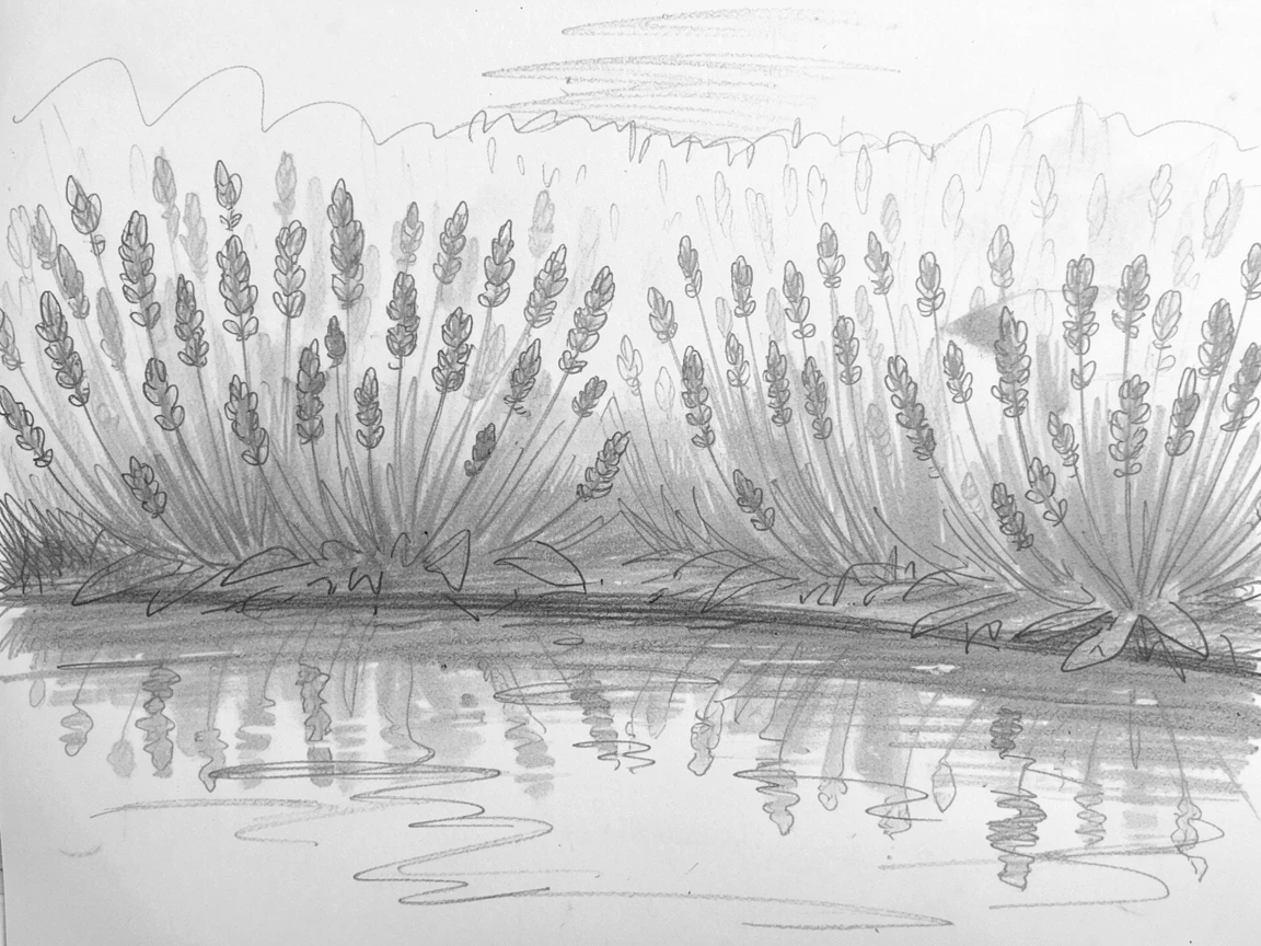 A lavender field in full bloom, wrapped in soft morning mist, with reflections mirrored perfectly in still water.