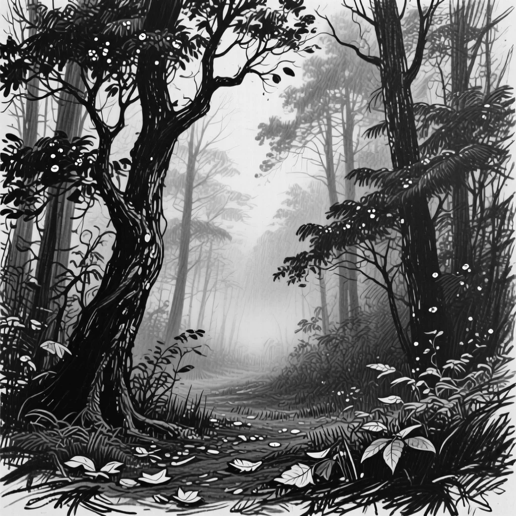 A dense misty forest as morning dew glistens on every surface.
