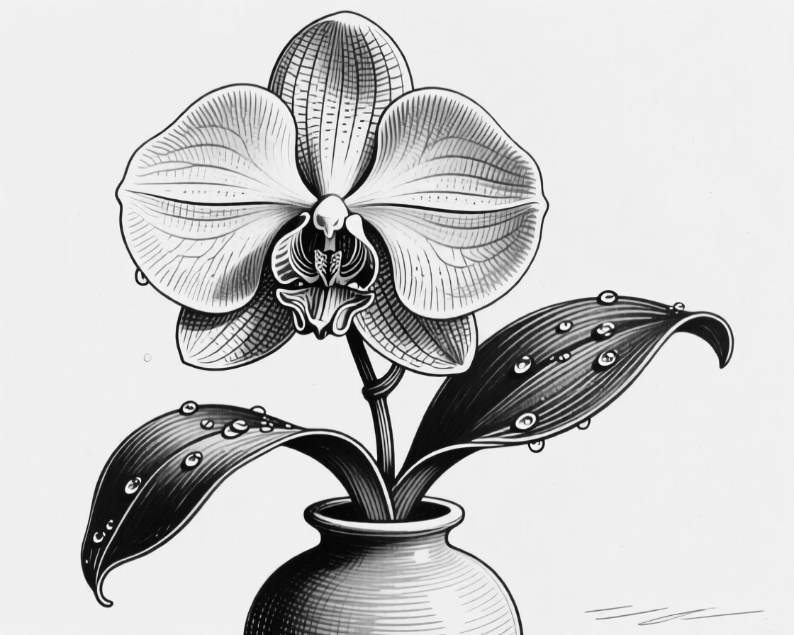An orchid in full bloom framed by soft morning dew, with the texture of each petal richly defined, composed in a quietly elegant still-life arrangement.