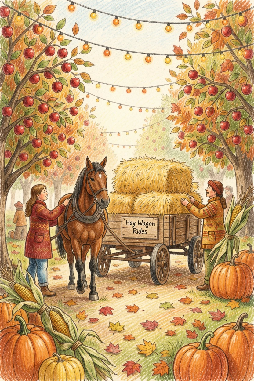 An autumn harvest festival with apple picking and a hay wagon ride, surrounded by seasonal decorations in rich, inviting colors, perfect for celebrating the beauty of the season.
