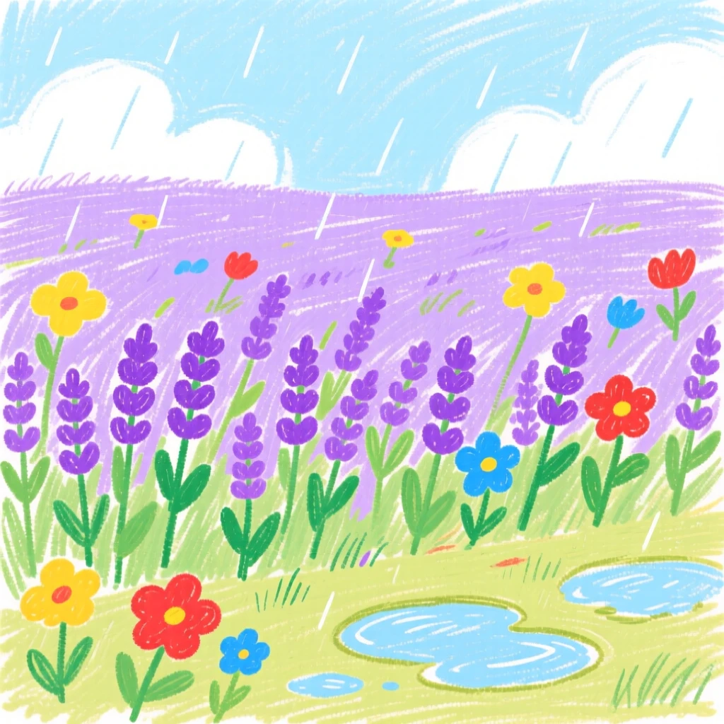 A view of a lavender field scattered with wildflowers after a spring rain.