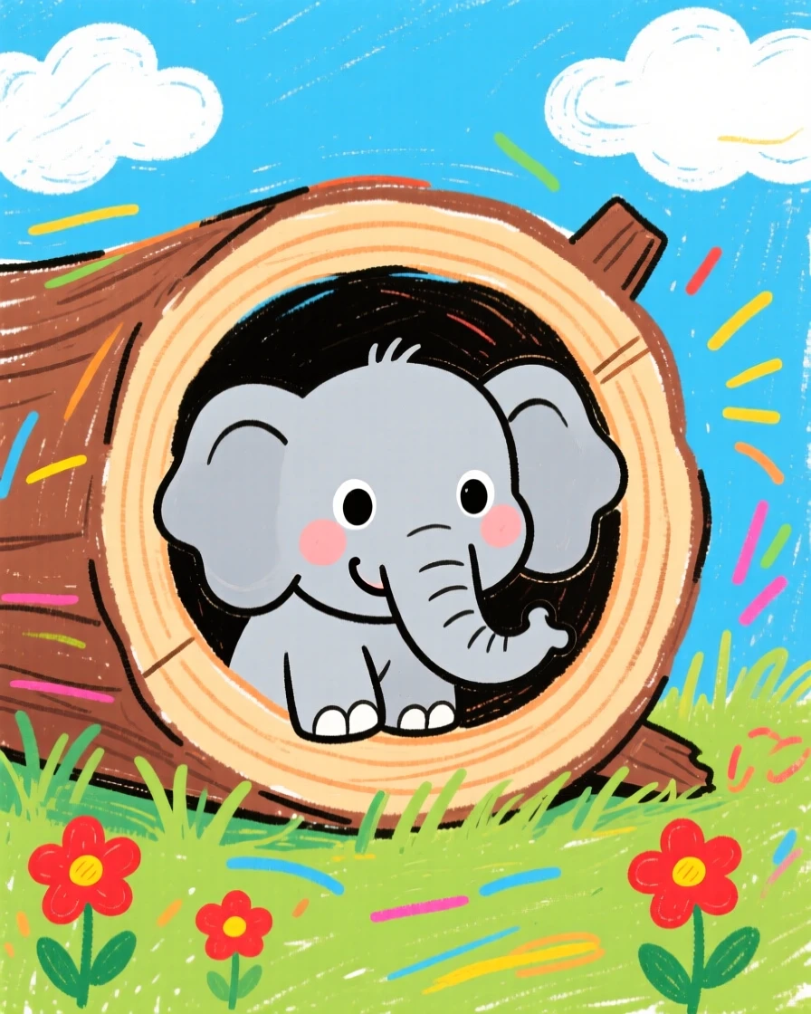 A baby elephant peeking out from a hollow log.
