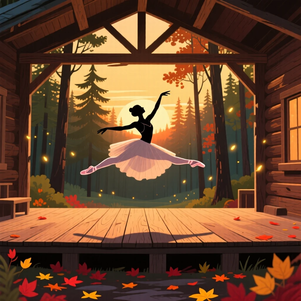 A ballet dancer mid-leap on an outdoor stage at sunset, in a rustic wooden cabin surrounded by forest, captured from behind to invite the viewer into the moment, with a sense of warmth and togetherness in every detail.