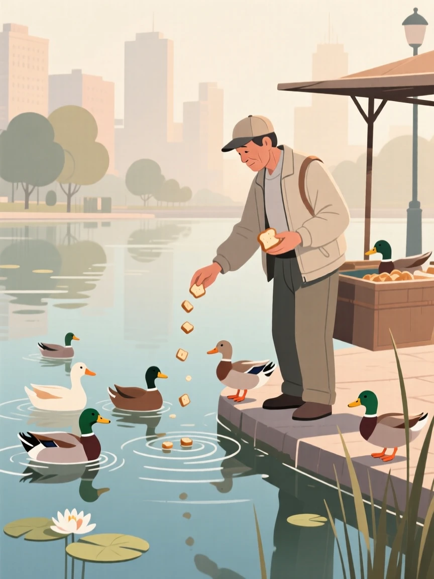 A street vendor feeding ducks at a pond on a quiet weekday morning in the city.