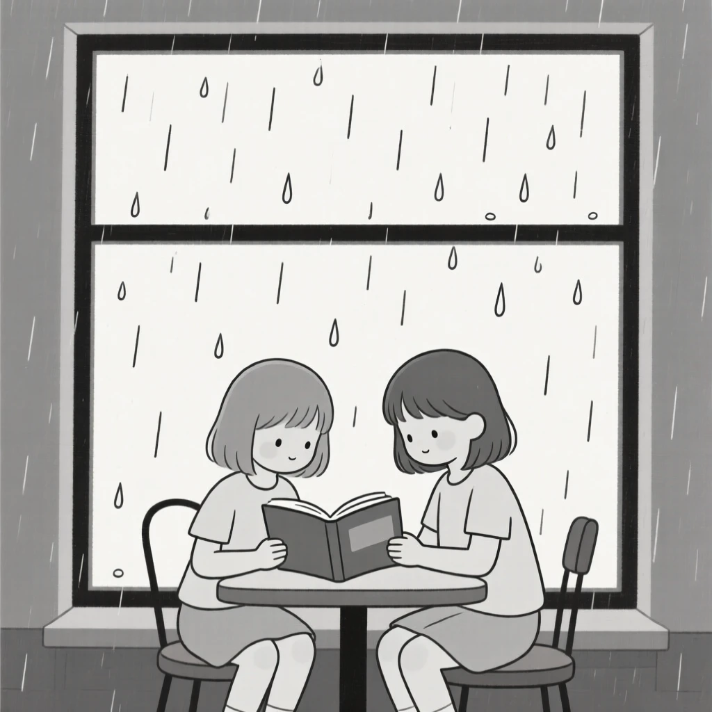 Two little girl reading quietly together in a rainy café window, sharing a moment of hopeful anticipation.