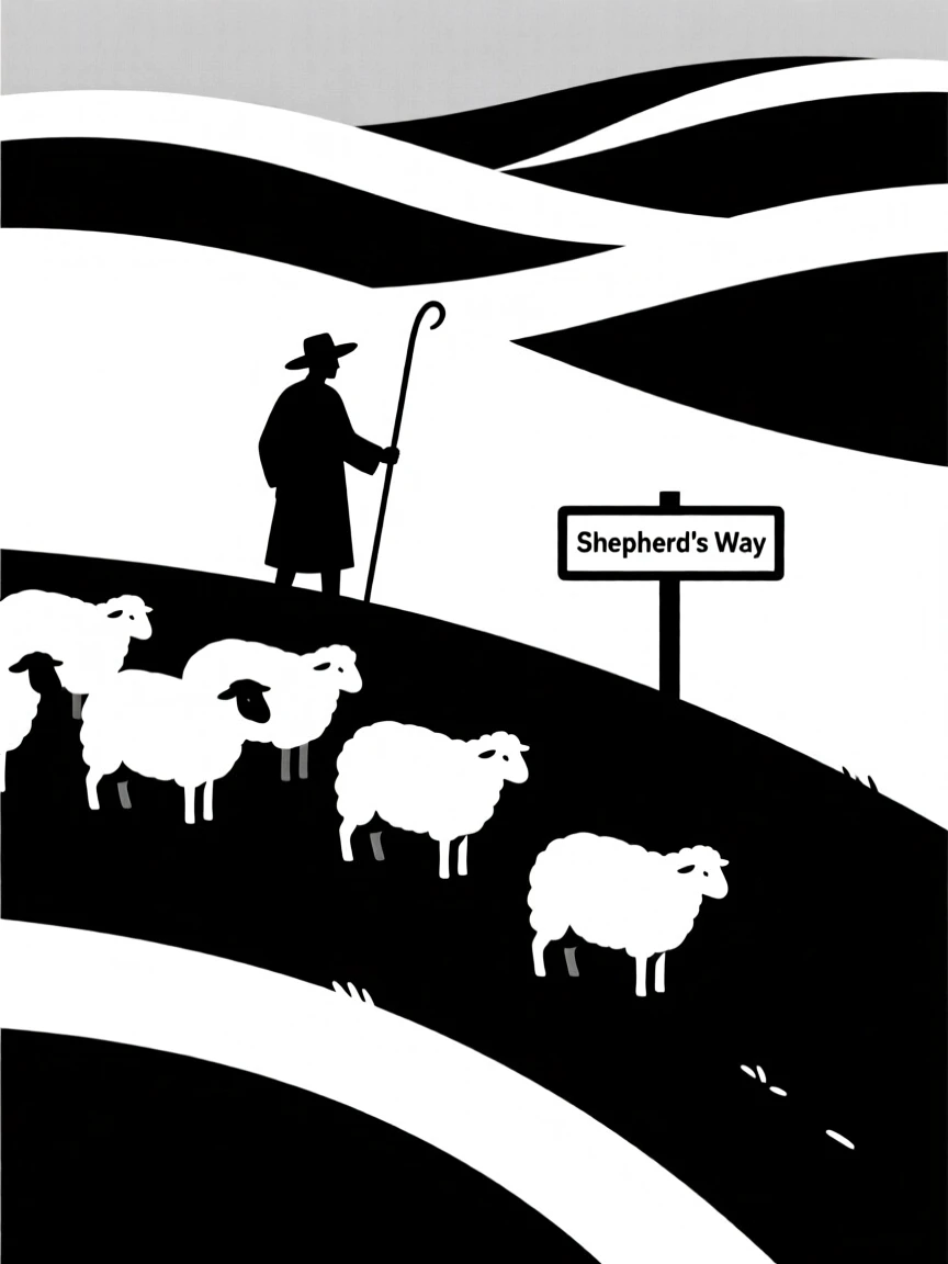 A shepherd guiding a flock across a hillside.