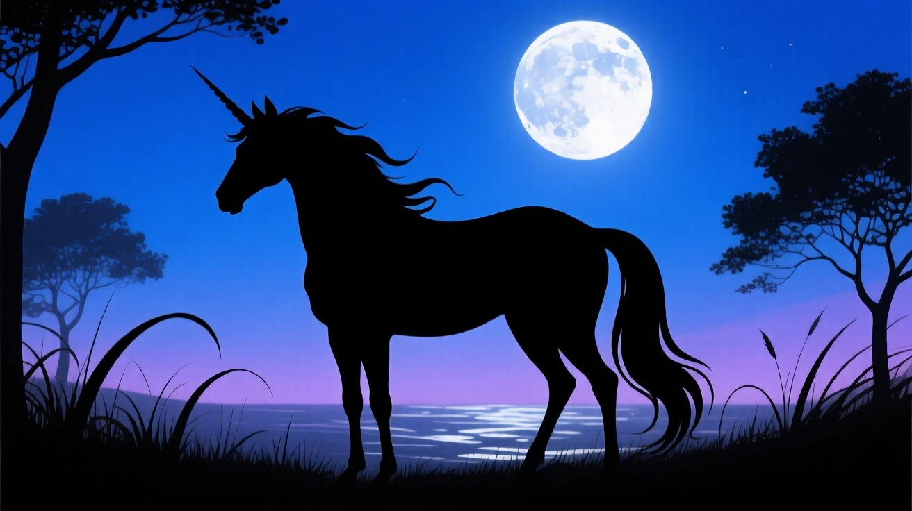 A unicorn standing in a moonlit glade, mane drifting as if underwater.