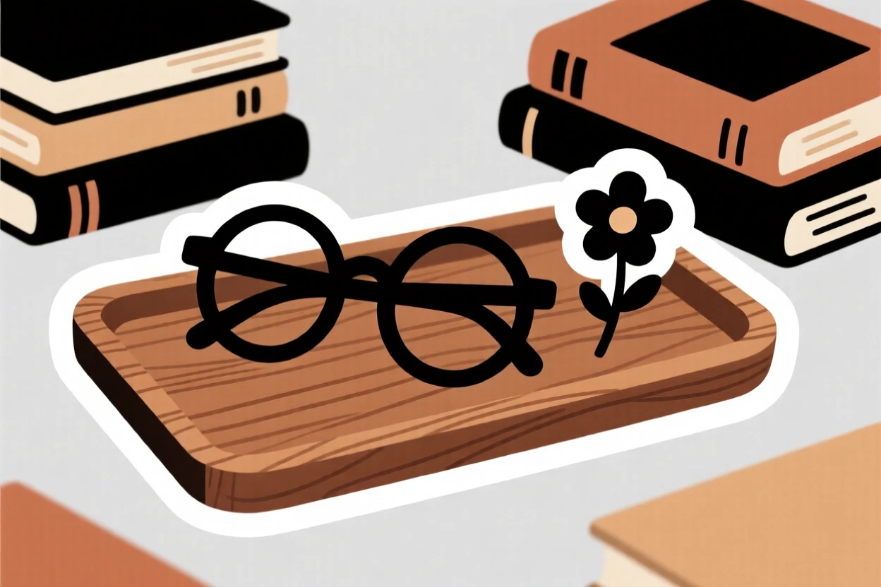 A cozy pair of round eyeglasses, placed on a wooden tray with a small flower, in a study filled with books.