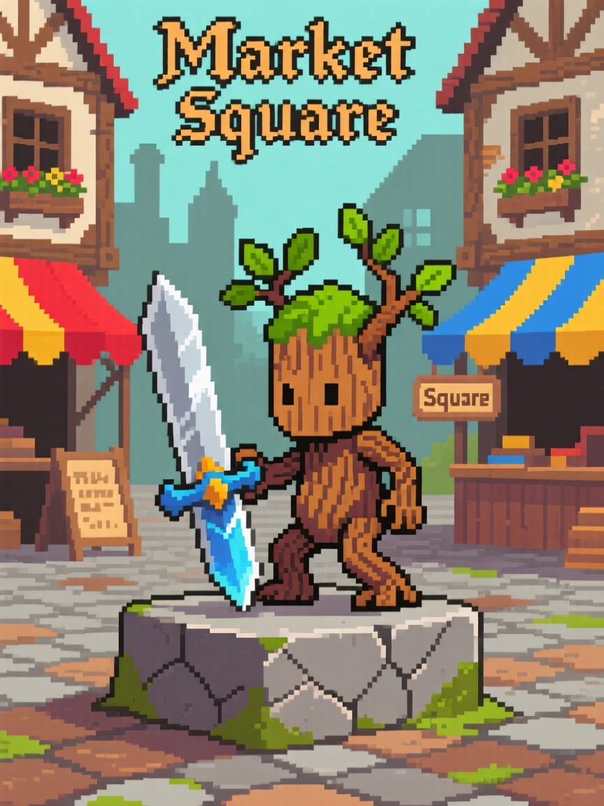 A treant sapling taking its first steps polishing a legendary sword on a stone, in a market square of a fantasy town.