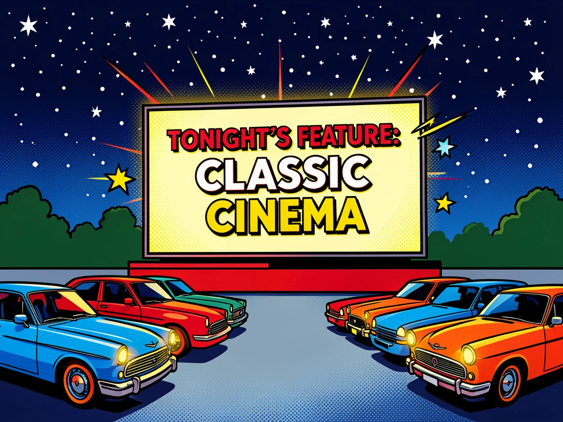 A drive-in movie theater lit under a starry sky