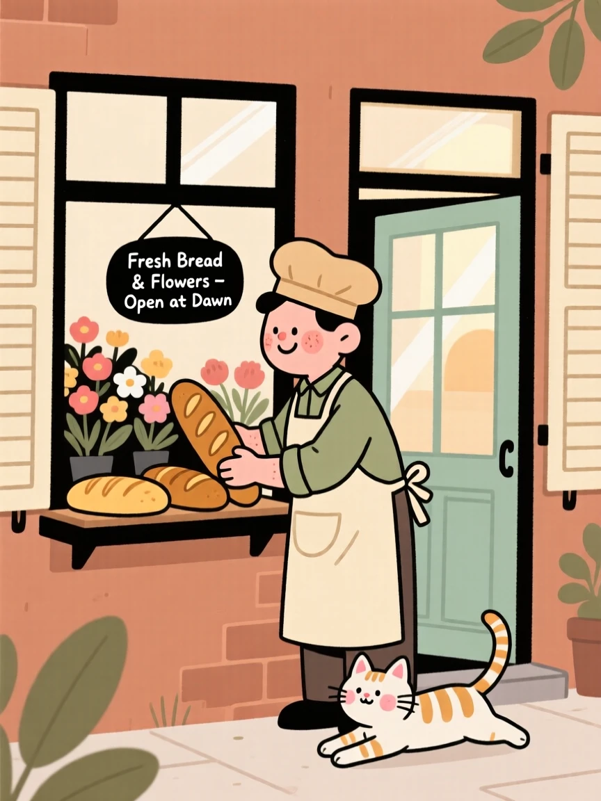 A baker opens the shutters of a small flower shop at dawn, arranging warm loaves of bread in the window as a cat stretches on the doorstep.