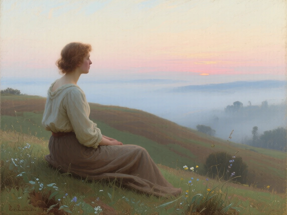 A detailed close shot of a lone figure sitting on a hilltop, watching the sunset in quiet reflection, at dawn, in a light morning mist.