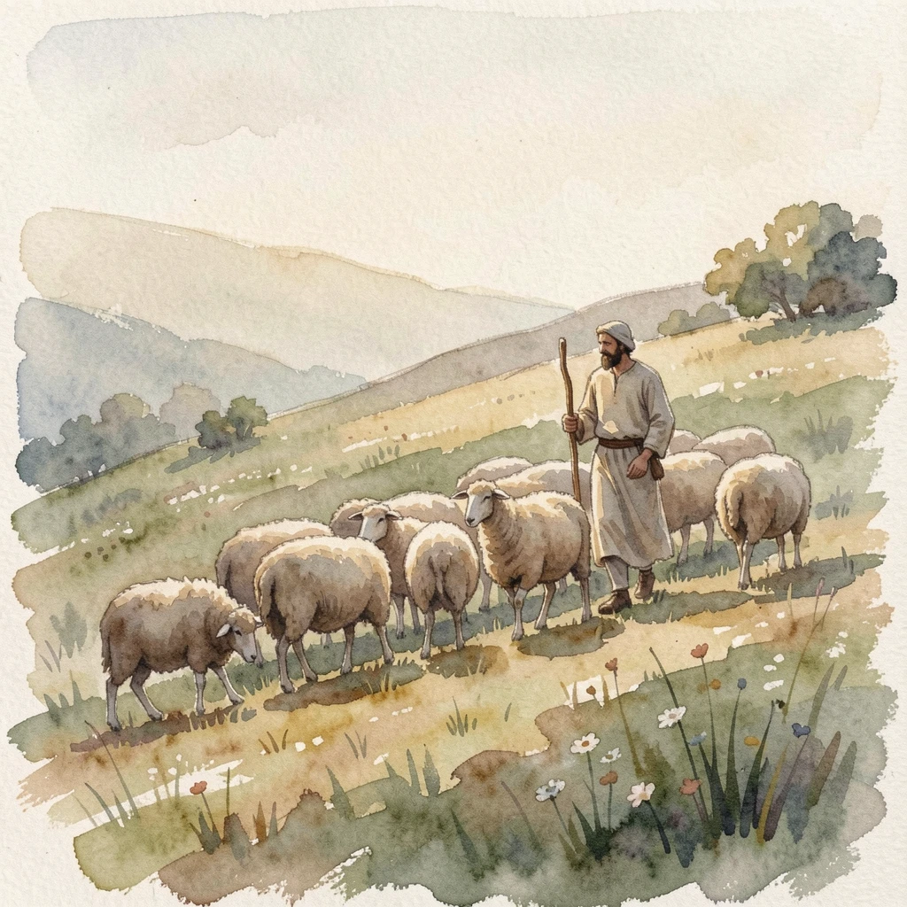 A shepherd walking with a flock across a hillside in a peaceful, unhurried moment.