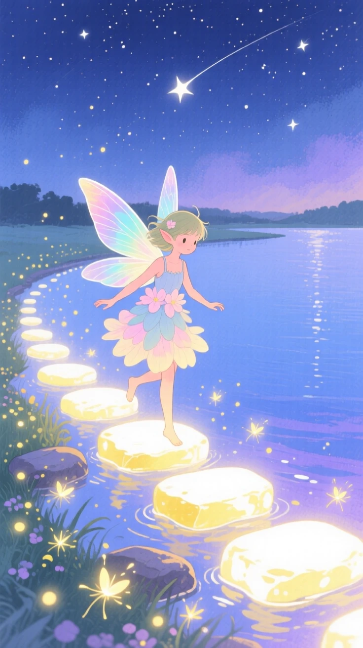 A tiny garden pixie skips across stepping stones of light in a starlit lakeshore, as tiny lights twinkle all around