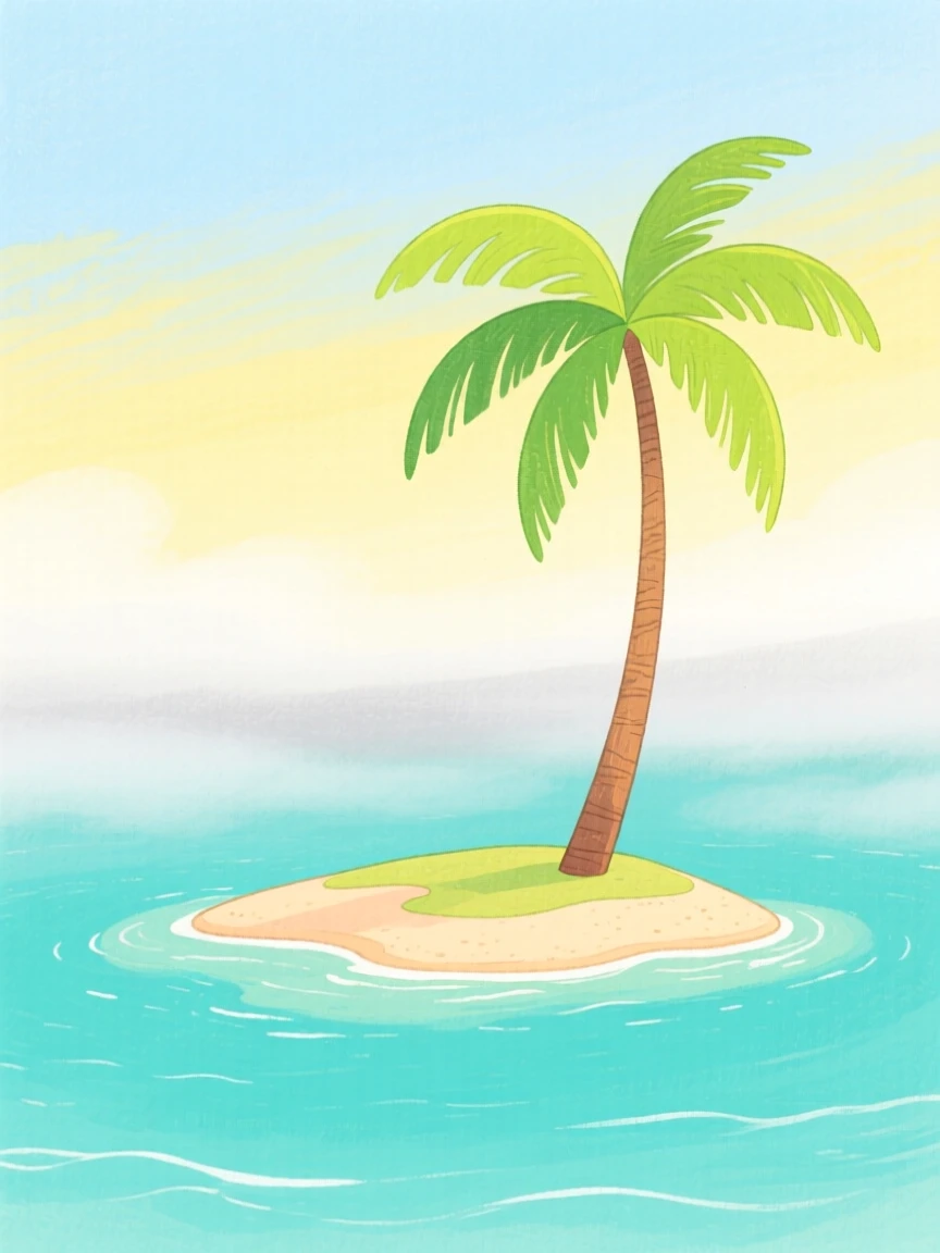 A panoramic scene of a tropical island with a single palm tree under a soft blanket of fog.