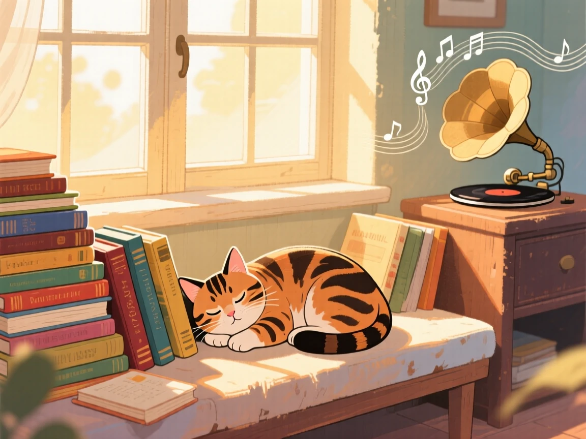 A window seat piled with books and a sleepy tabby cat basking in sunlight, with the quiet hum of a record player in the background, capturing the quiet beauty of everyday rituals.