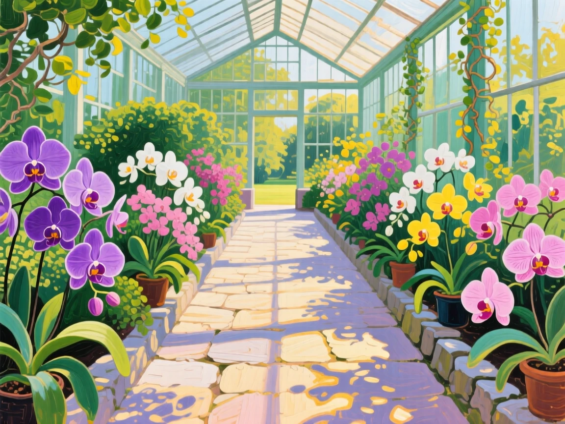 a conservatory path lined with orchids, at the height of summer, with a balanced, spacious view of the surroundings.