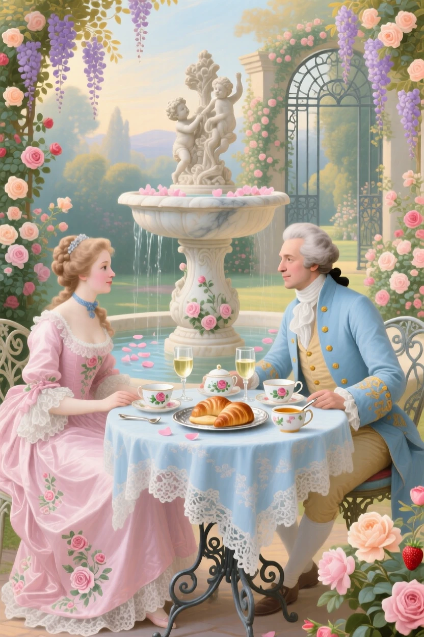 A springtime breakfast beside a fountain covered in floating petals  