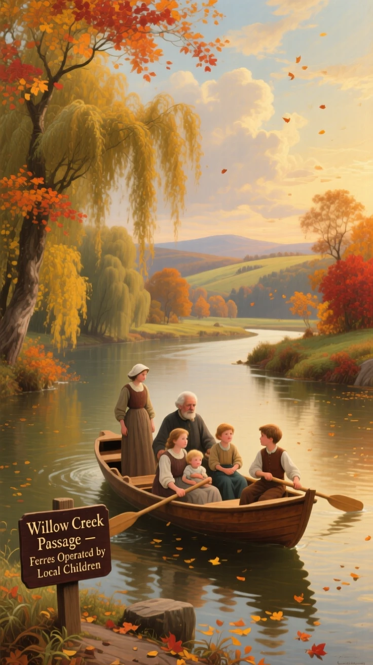 A group of children ferries passengers across a slow river bordered by willows as autumn leaves drift downstream.