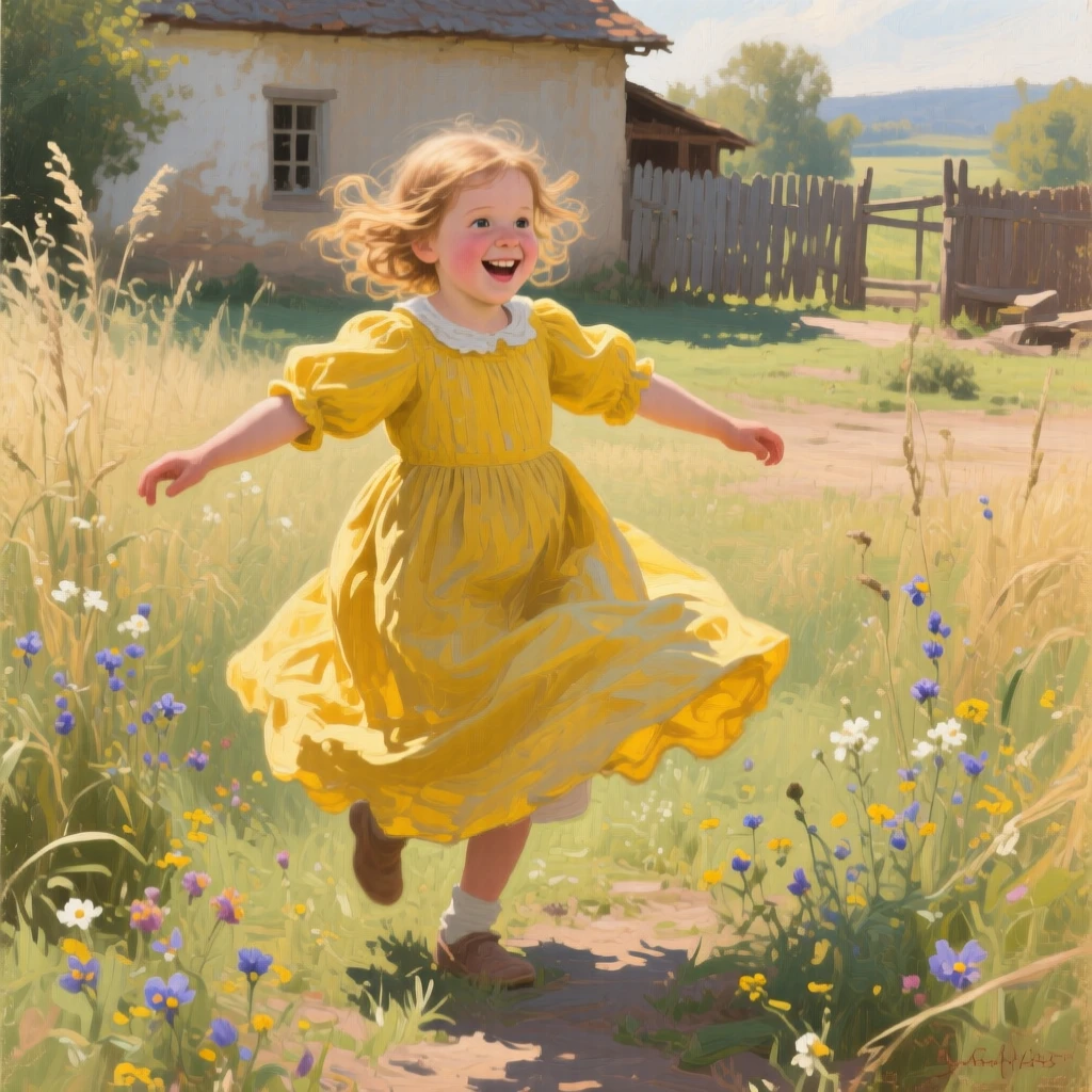 A little girl twirling in a bright yellow dress on a summer afternoon, with genuine, unguarded emotion visible in the eyes, capturing a universal, deeply human moment of emotion