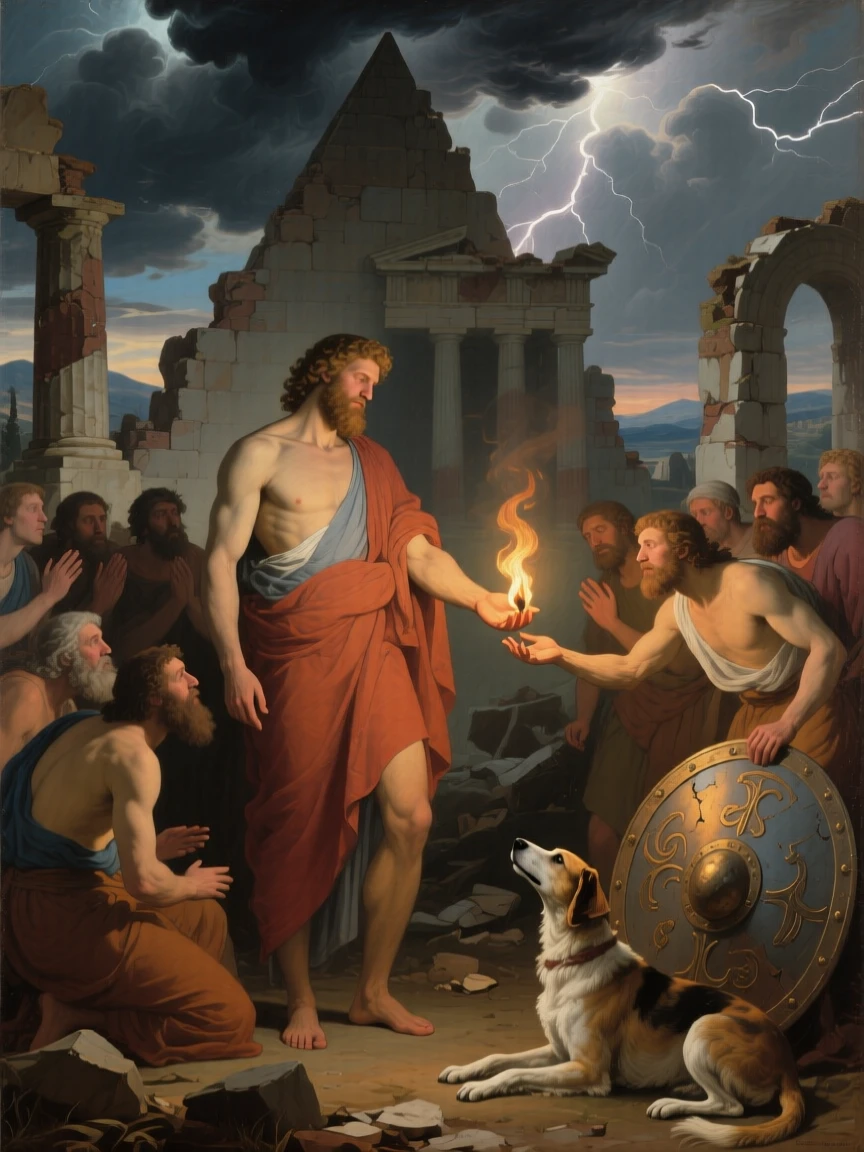 The Titan Prometheus offering fire to huddled mortals as thunder rolls across a darkening sky, set amid the ruins of a fallen citadel, with a faithful hound and a fallen shield resting nearby; the composition centers the hero in a pyramid of surrounding figures, radiating triumph tempered by solemn sacrifice.