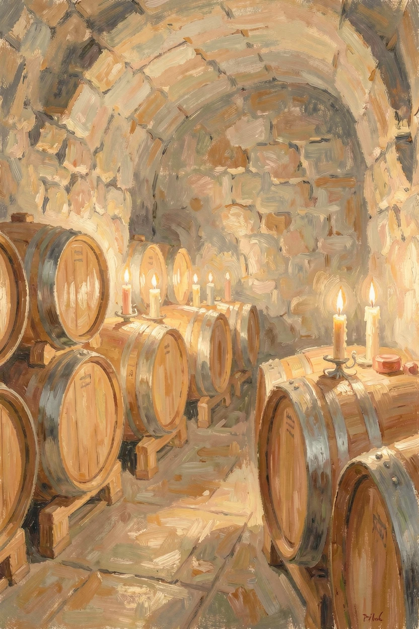 A rustic wine cellar lined with wooden barrels, candlelight flickering against ancient stone walls.