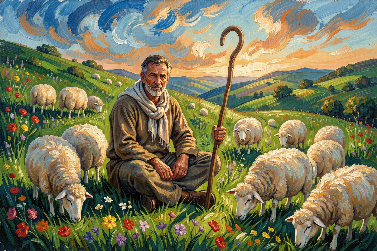 A shepherd resting on a hillside, crook in hand, sheep grazing peacefully around him.