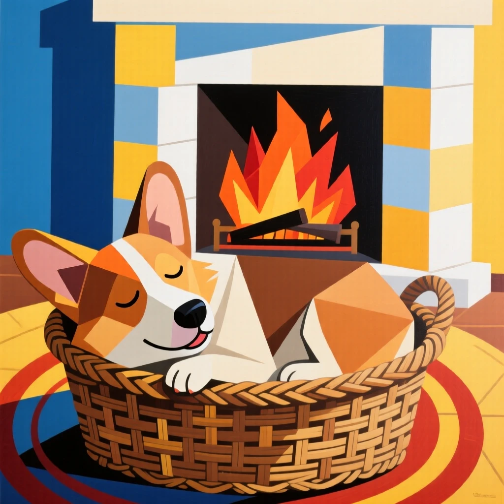A charming close-up of a playful corgi napping in a wicker basket by the fireplace on a bright afternoon.