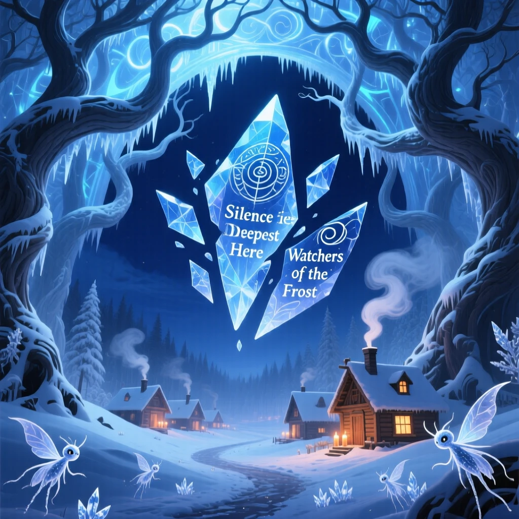 A winter forest where every branch is coated in glowing frost unfolds gradually above a small, sleeping village, while everything nearby seems to pause and hold its breath.