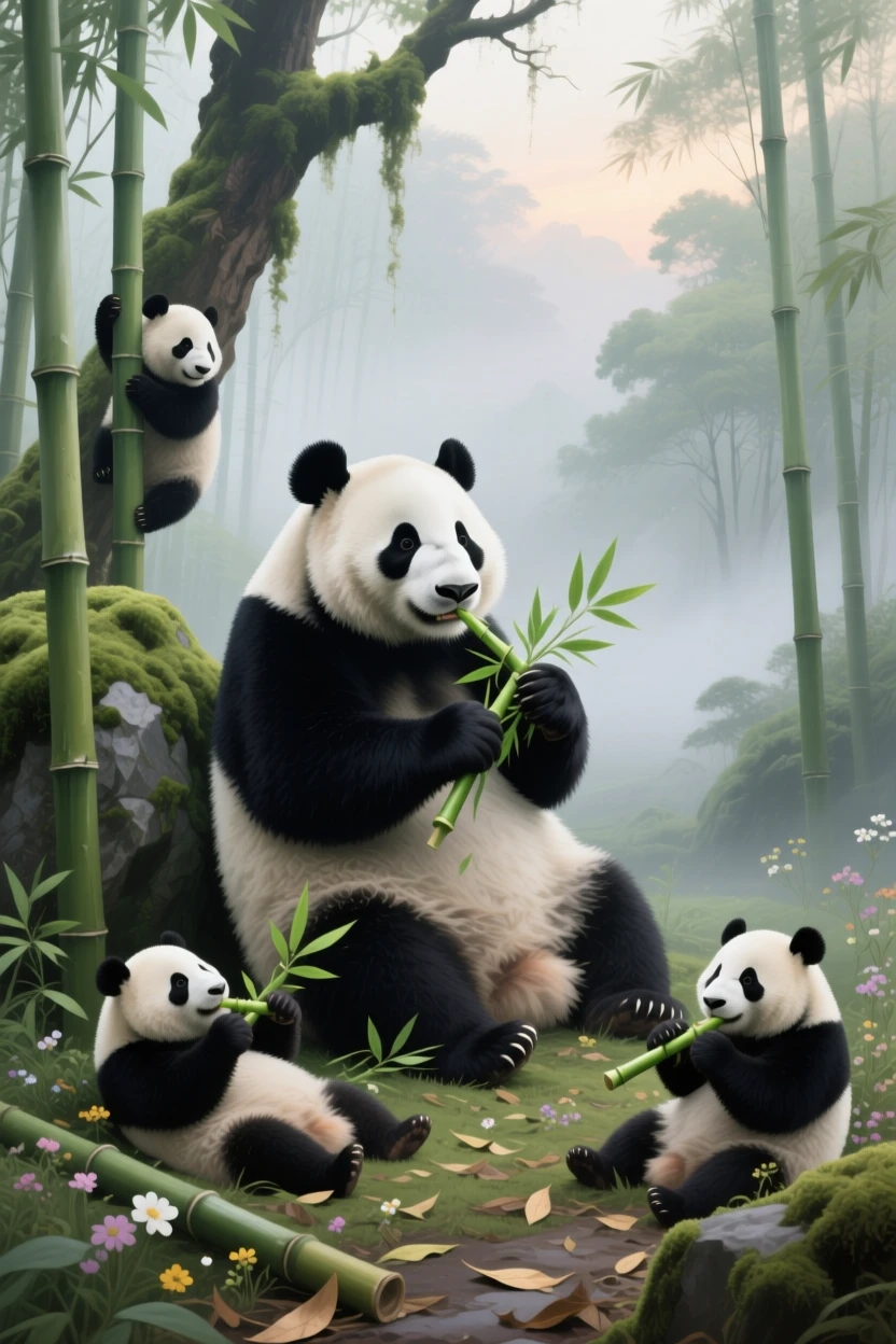 A giant panda munches contentedly on fresh bamboo shoots in a misty Chinese forest, sitting upright against a moss-covered rock, other members of its group visible nearby, reinforcing the social nature of the scene.