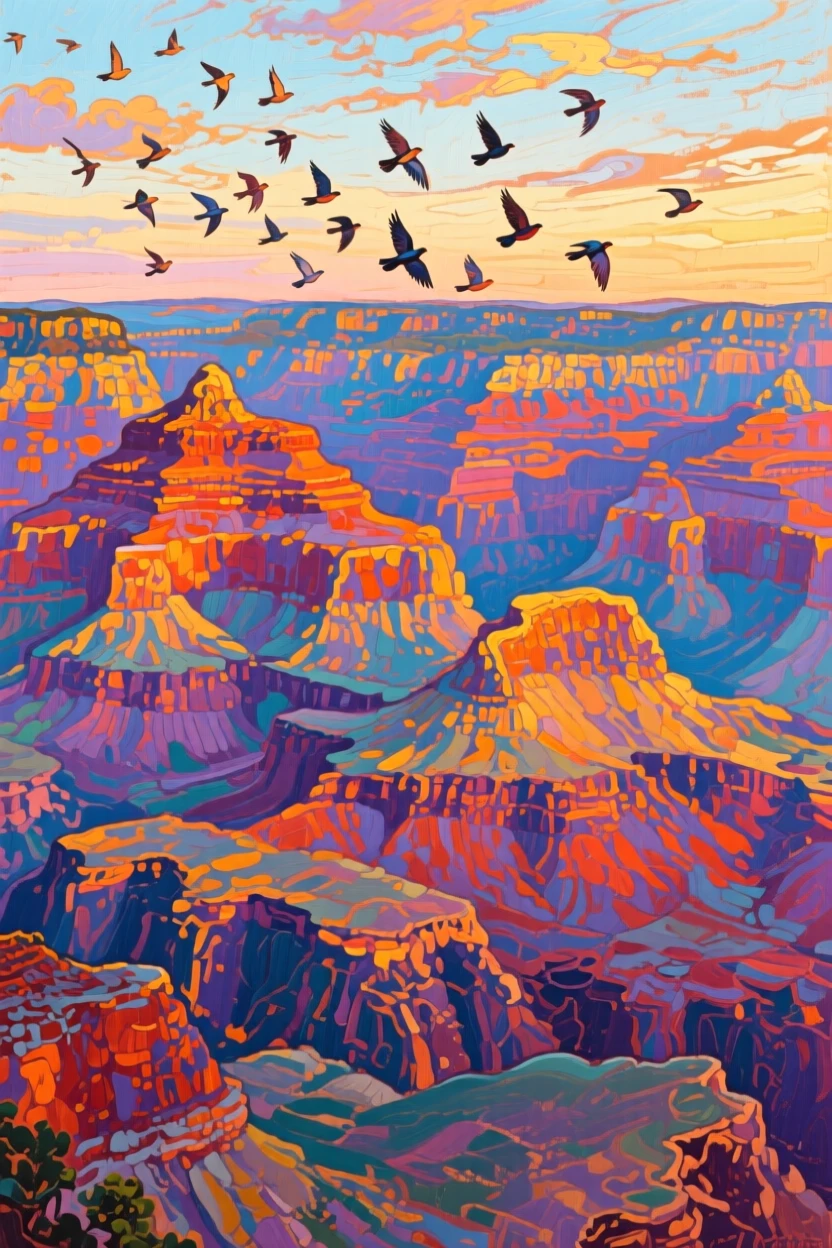 The Grand Canyon's layered cliffs glowing in warm light, at first light, flocks of birds wheeling overhead