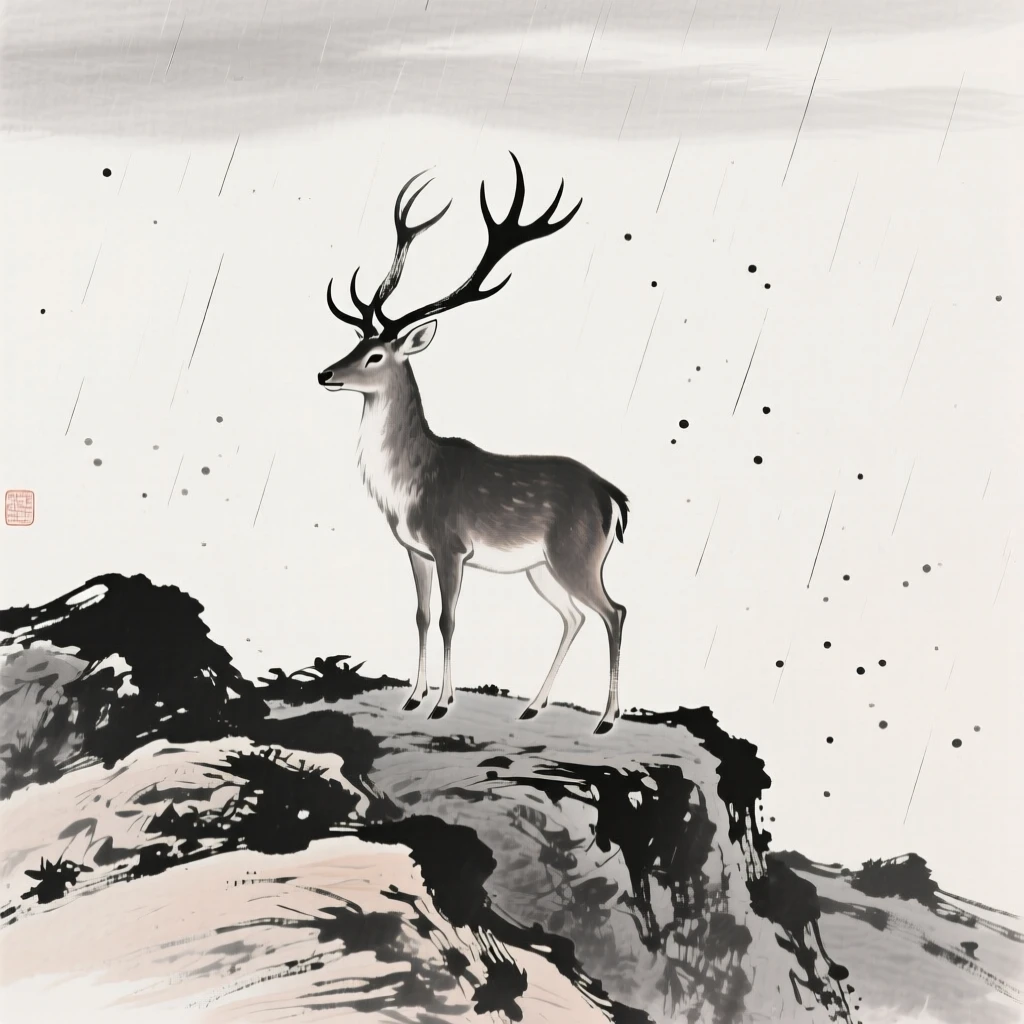 A stag with tall antlers stands alert on a rocky slope, as a light rain begins to fall.