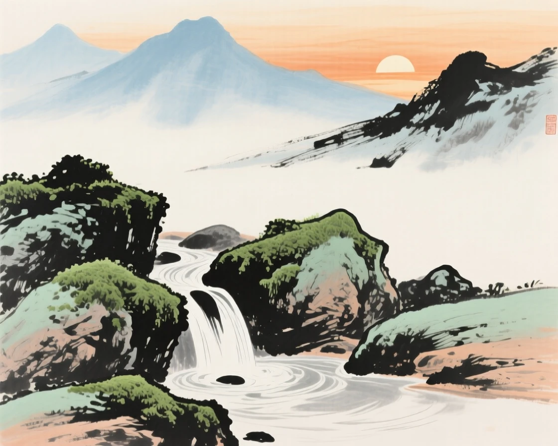 A mountain spring bubbling up beside mossy stones, as the sun sets behind distant peaks.