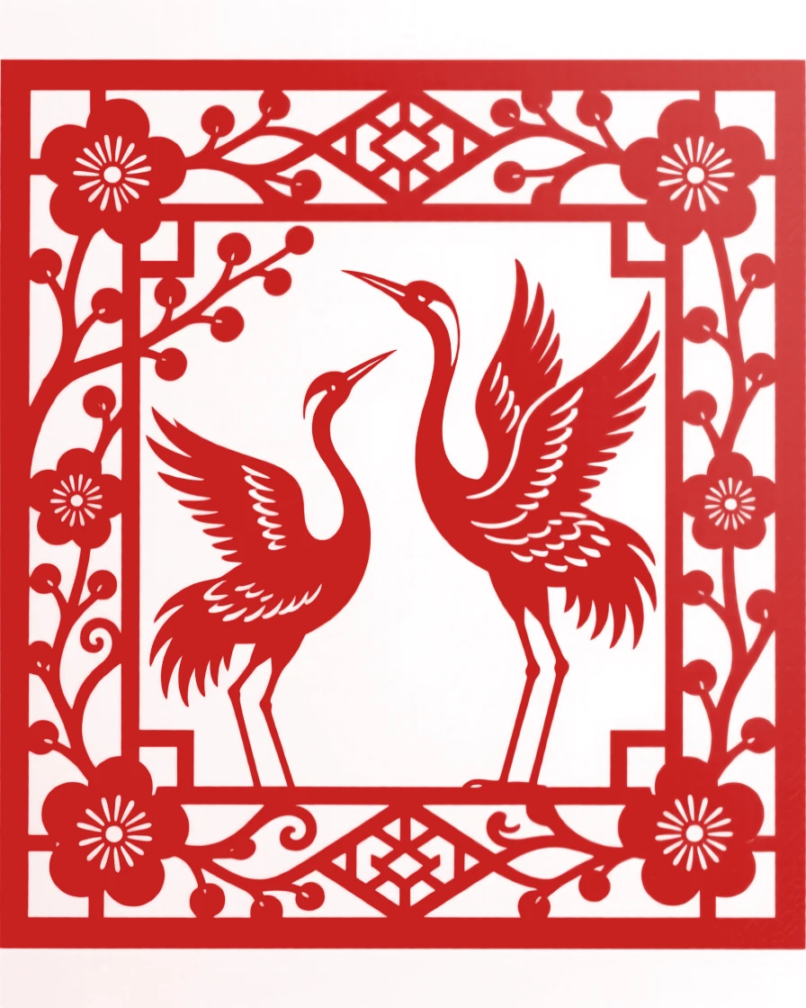 A design of a square lattice frame featuring a lattice of plum blossoms and cranes, rendered in perfectly balanced symmetry.