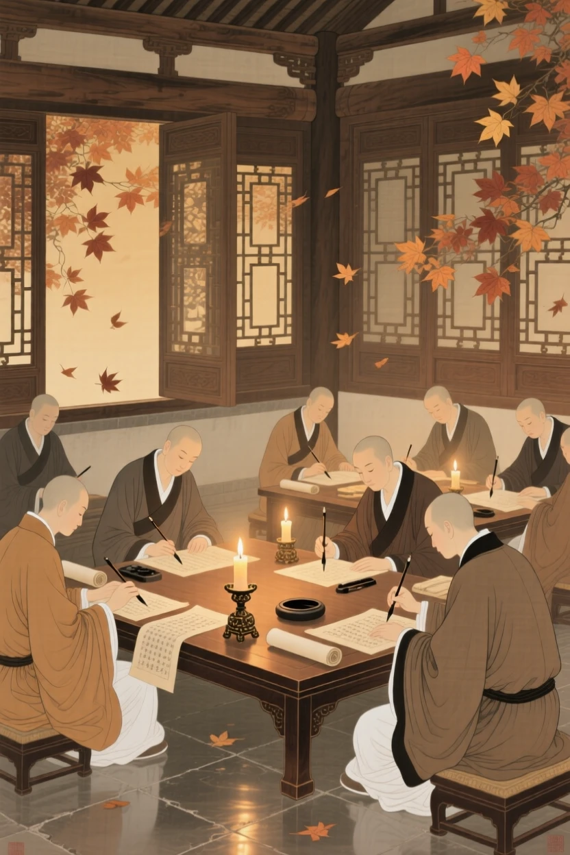 A group of monks copying ancient scrolls by candlelight in a quiet hall, surrounded by falling autumn leaves