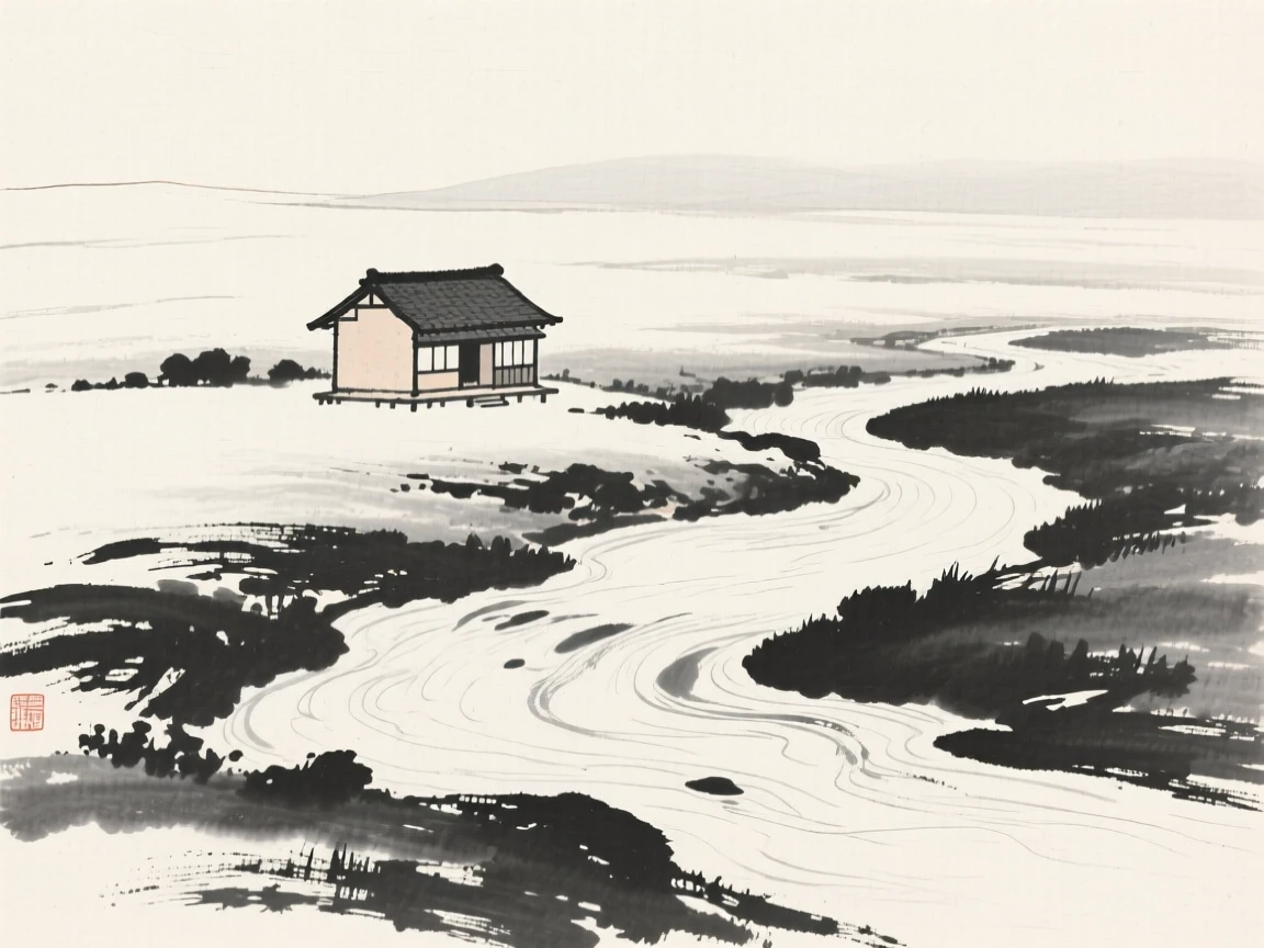 A traditional courtyard house beside a quiet, meandering river, captured from a distance, small against a vast landscape, suggesting timeless craftsmanship and peaceful tradition.