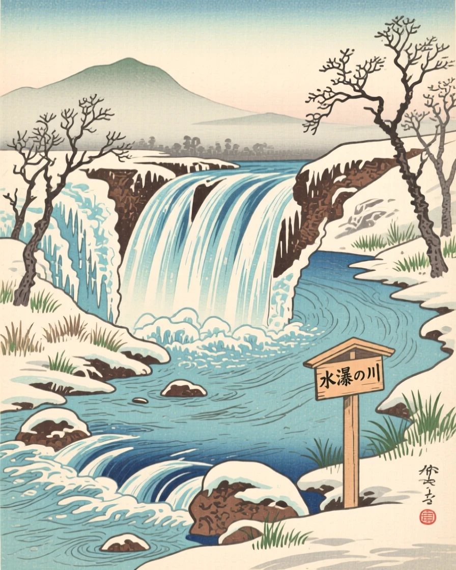 A frozen waterfall glittering with ice along a slow-moving river.