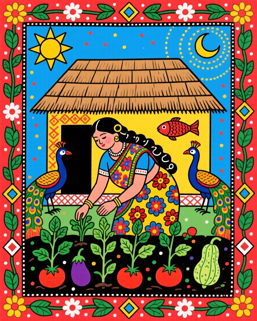A woman tending a small vegetable patch behind her cottage.