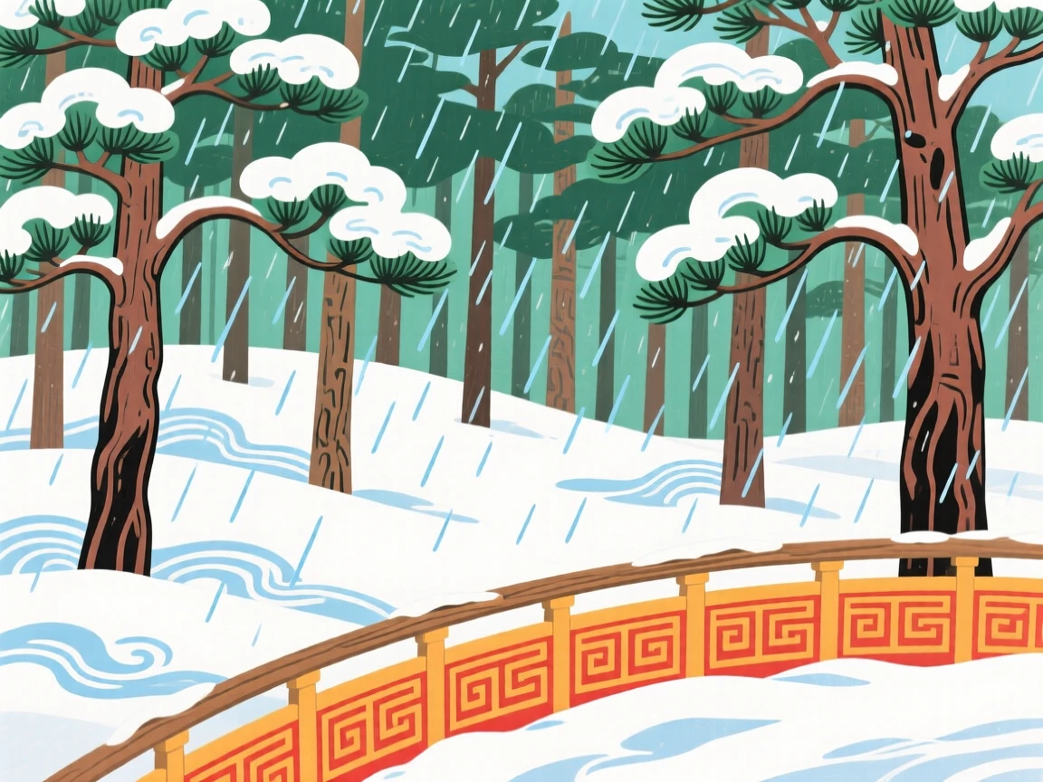 A pine forest blanketed in fresh snow seen from a quiet overlook, during a light drizzle.