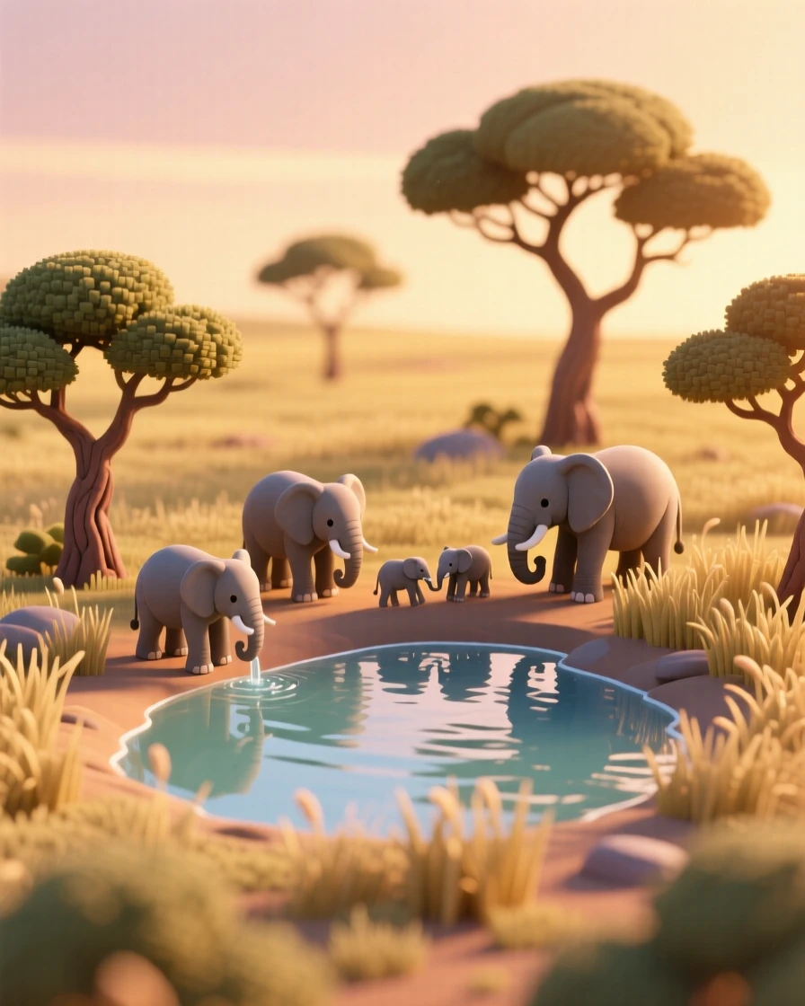 A savanna at golden hour with acacia trees silhouetted against the sky, a herd of elephants walking toward a watering hole, and grass swaying in the breeze.