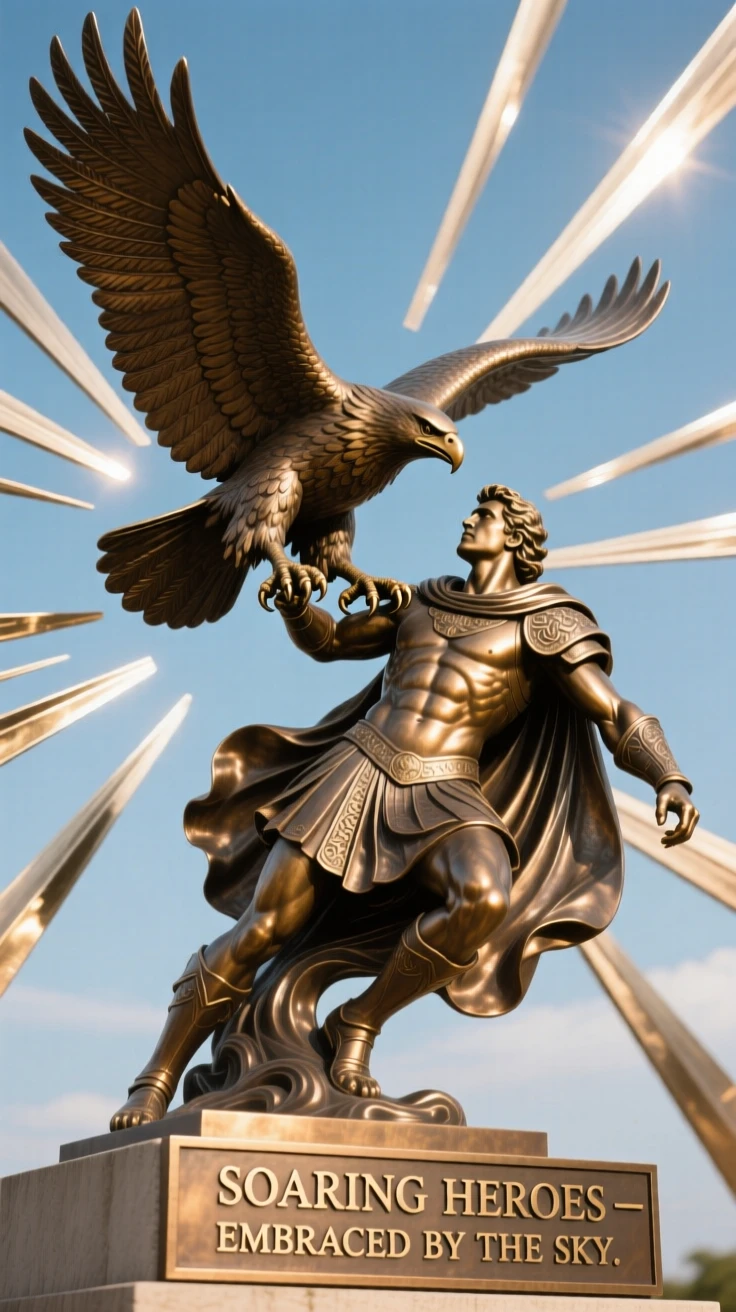 A mythic eagle carrying a hero across the sky, surrounded by radiant beams of light, radiating awe and grandeur