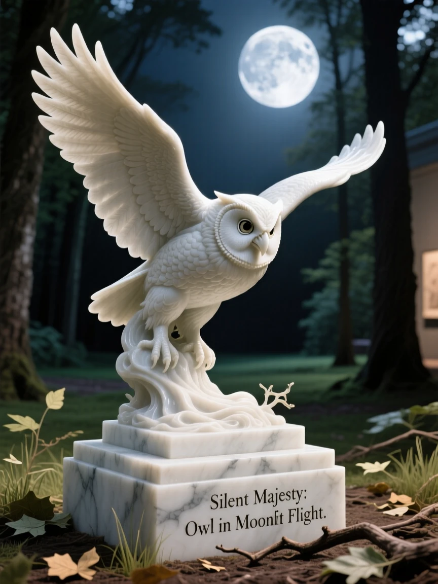 An owl gliding silently through moonlight captured in a powerful, dignified pose in a sunlit clearing